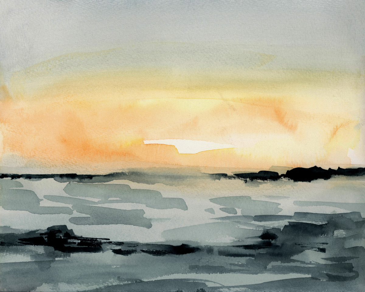Sunset Sea Sky Landscape Watercolor Hand Painted