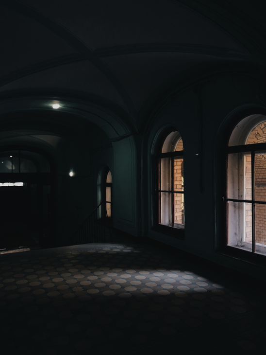 Dark room with arched windows